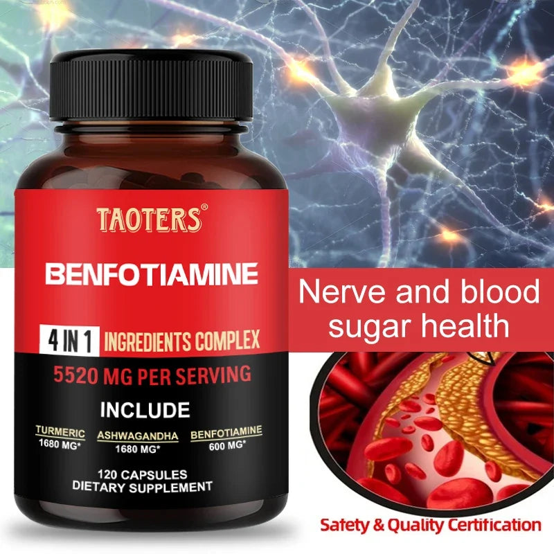 A bottle of TAOTERS Benfotiamine dietary supplement shown against a background of glowing neurons and blood vessel graphics. The bottle is amber brown with a black cap and a red and black label.