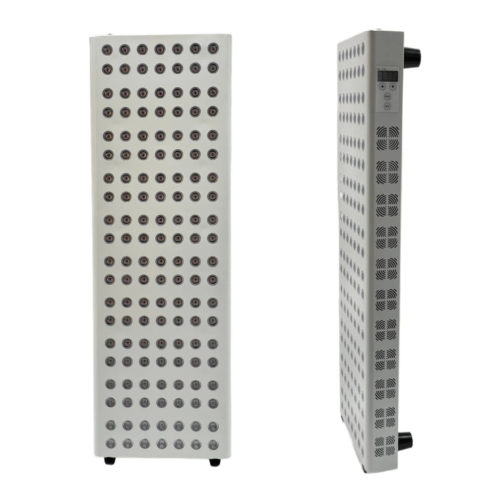 Two vertical metal radiators with perforated designs on a white background