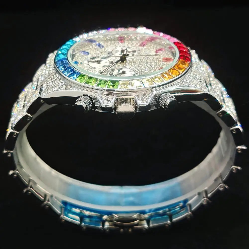 Luxury watch with rainbow-colored bezel and gemstones on a black background