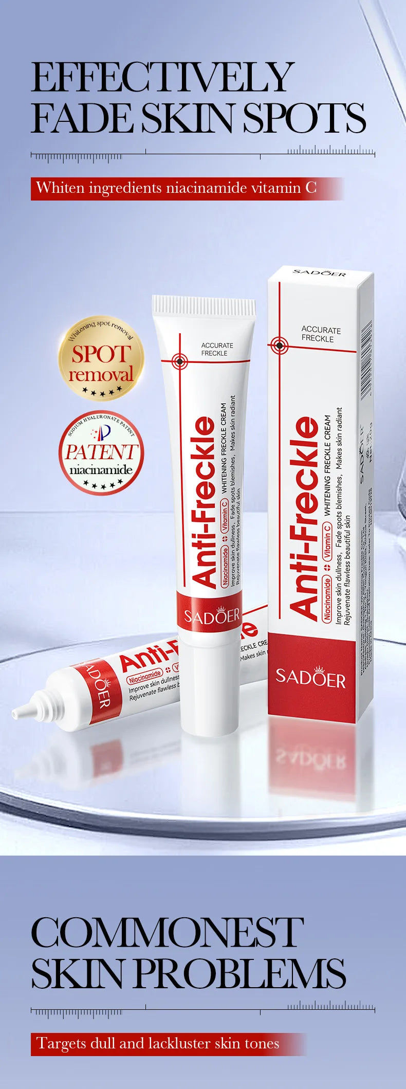 Anti-Freckle cream packaging with branding and product details on a light gray background