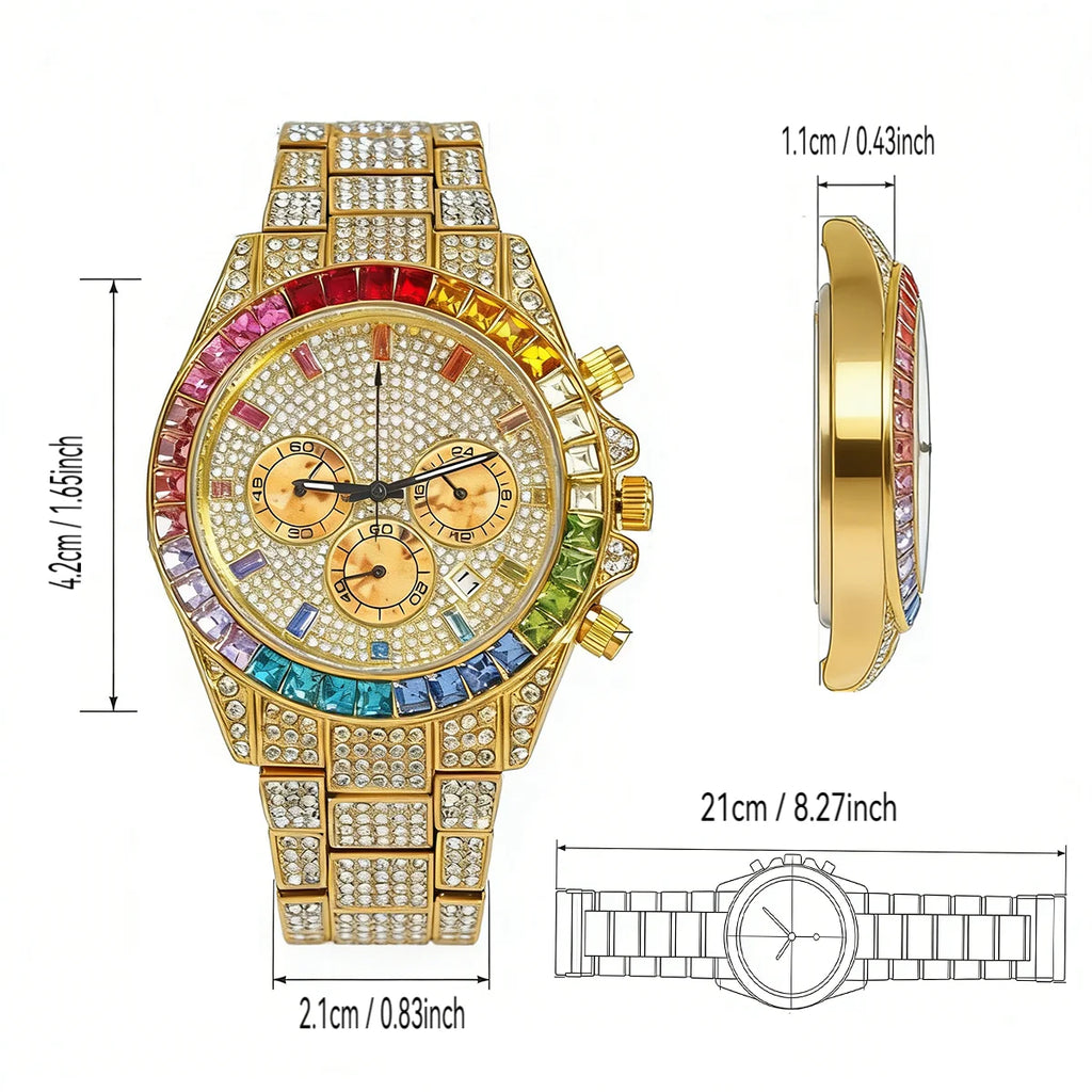 Gold-tone watch with a crystal-encrusted bezel and link bracelet, shown with multicolor rainbow crystal accents around the dial. The image includes front, side, and dimension diagrams with measurements labeled in centimeters and inches on a white background.