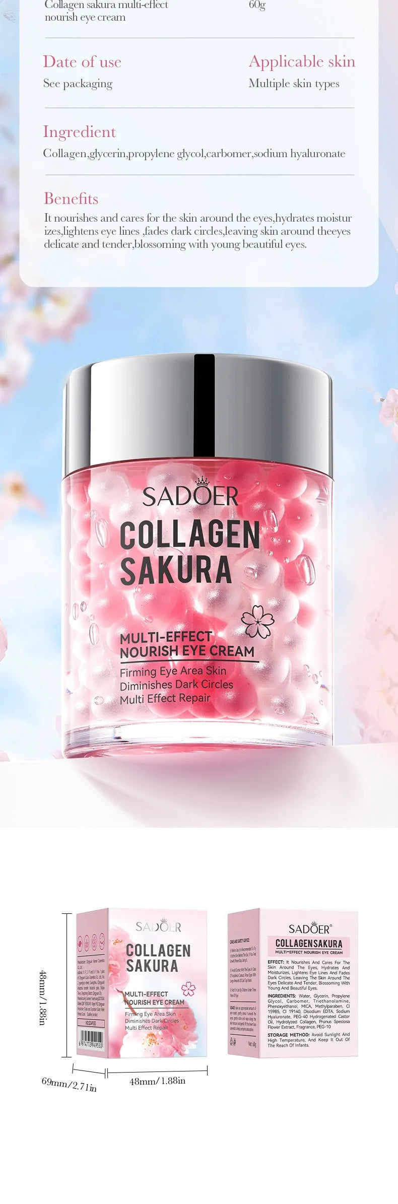 SADOER Sakura Collagen Eye Cream – Dark Circles, Anti-Aging & Moisturizing Eye Care 30g