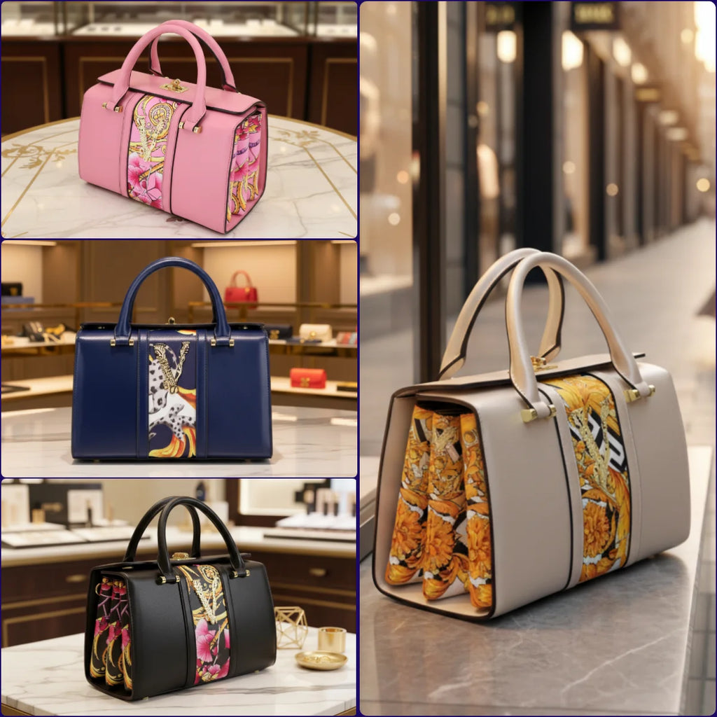 A collage showing three handbags with matching patterned side panels: a pink bag, a navy bag, and a light beige bag, each photographed in a luxury store setting. The bags have structured rectangular shapes, top handles, and a decorative multicolor print panel running vertically on the front and side.