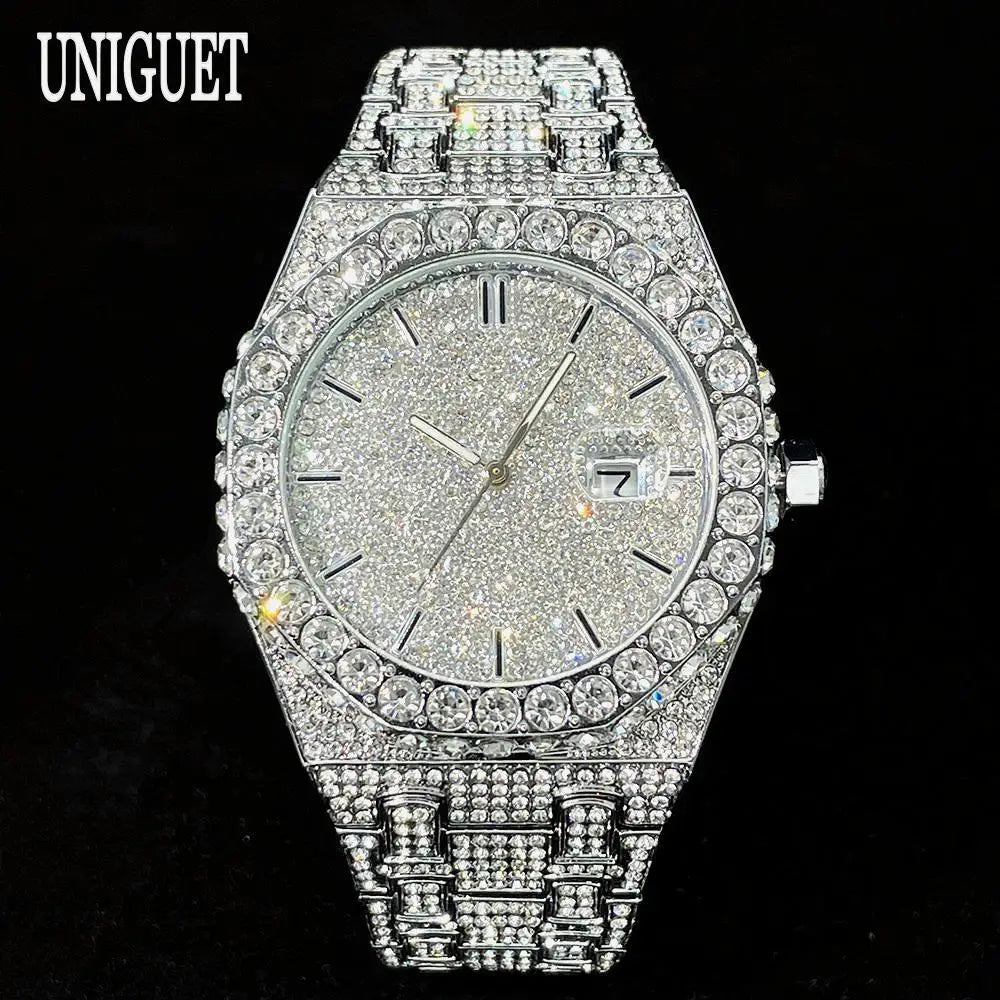 Luxury diamond-encrusted watch on a black background with 'UNIGUET' branding.