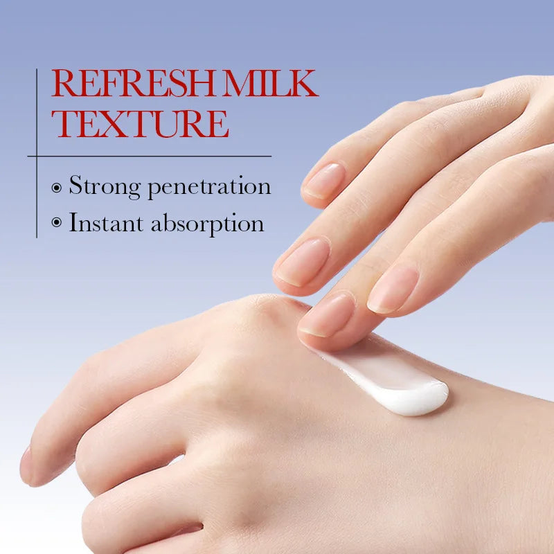 Hand applying cream to another hand with text about cream properties on a blue background