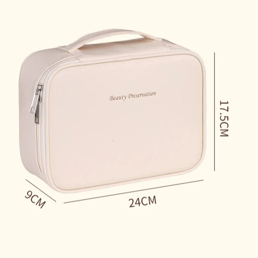 Pink cosmetic bag with dimensions on a white background