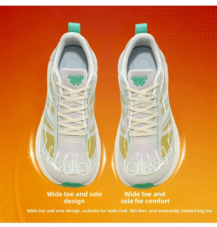 A pair of white athletic sneakers shown from above on a bright orange gradient background. The shoes have mint green accents, including the pull tabs, lining, and side stripes, along with white laces.
