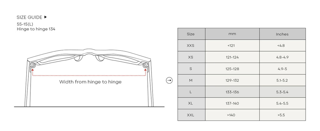 Sage frame width size guide and measurement table. The left side shows a side-view line drawing of a frame with a red dashed measurement line labeled 'Width from hinge to hinge' and text reading 'SIZE GUIDE 55-155(L) Hinge to hinge 134.