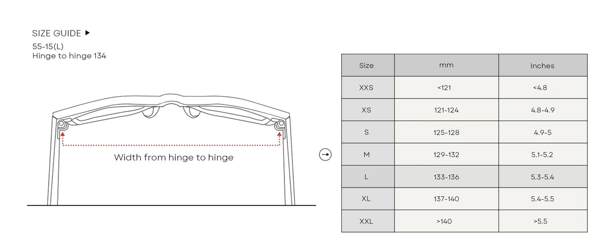 Sage frame width size guide and measurement table. The left side shows a side-view line drawing of a frame with a red dashed measurement line labeled 'Width from hinge to hinge' and text reading 'SIZE GUIDE 55-155(L) Hinge to hinge 134.