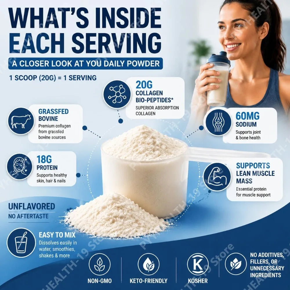 An infographic-style product image showing a scoop of white powder in a measuring cup with a shaker bottle, surrounded by text callouts about serving size, collagen, protein, sodium, and other benefits. A woman is shown holding the shaker bottle in the upper right, and the layout uses blue and white graphics.