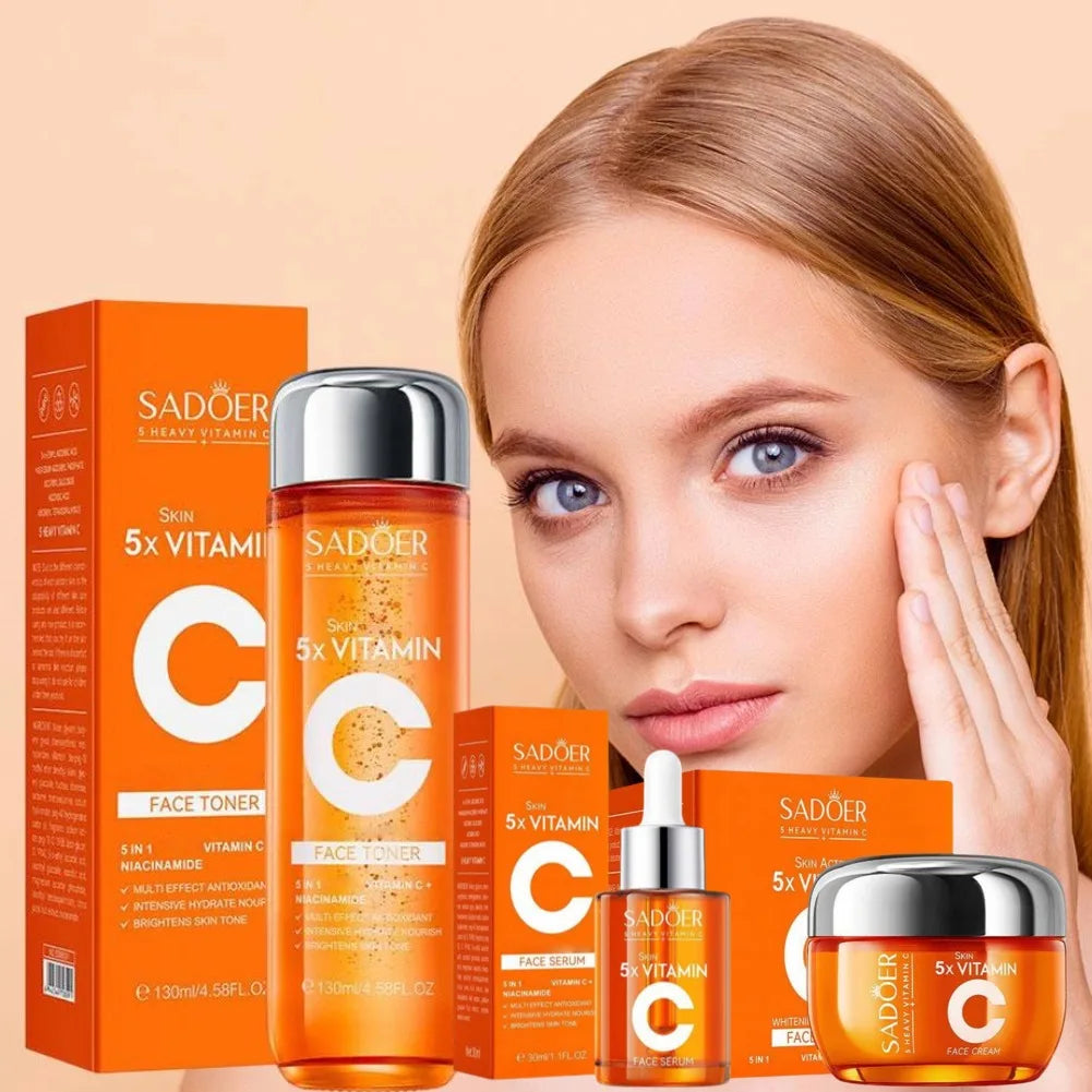 Sadorer skincare products with a woman applying cream on her face against a beige background