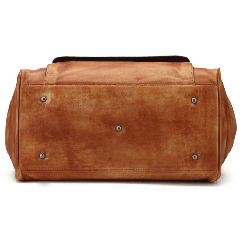 Brown leather duffel bag on a white background