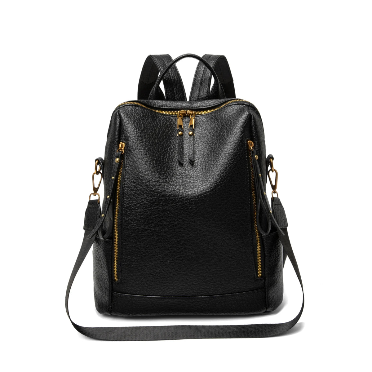 Black pebbled leather backpack with gold-tone zippers and hardware, shown on a clean white background.