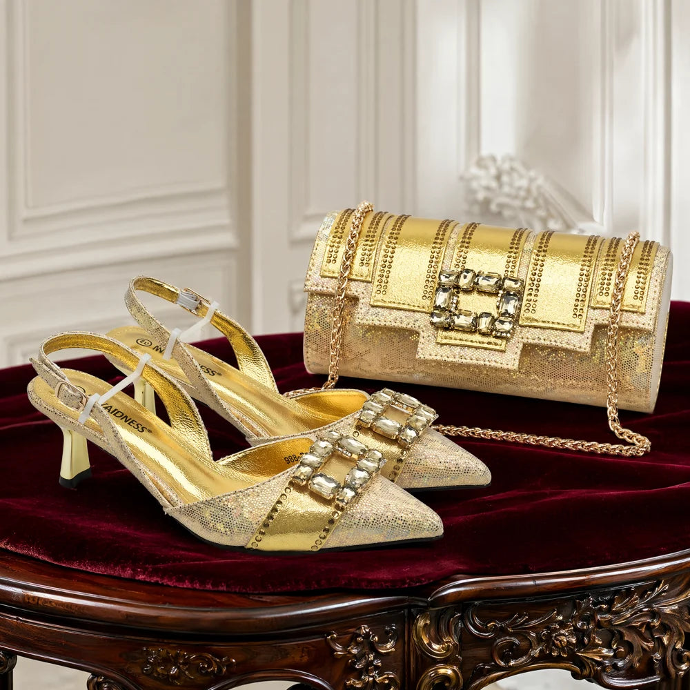Women's Rhinestone Slingback Pumps with Matching Bag