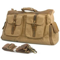 Brown leather bag with multiple pockets and straps on a white background