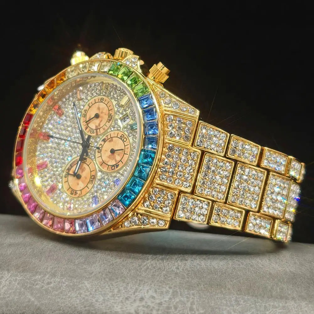 Luxury watch with gemstone accents on a dark background