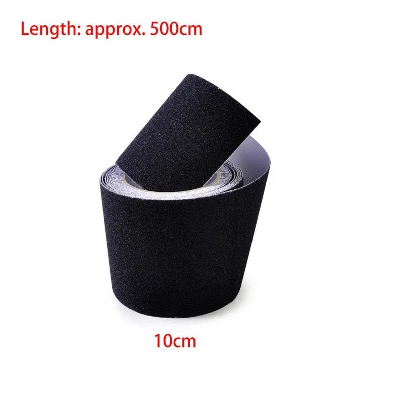 A roll of black textured grip tape or sanding belt material shown on a white background, with red text indicating a length of approximately 500 cm and a width of 10 cm.