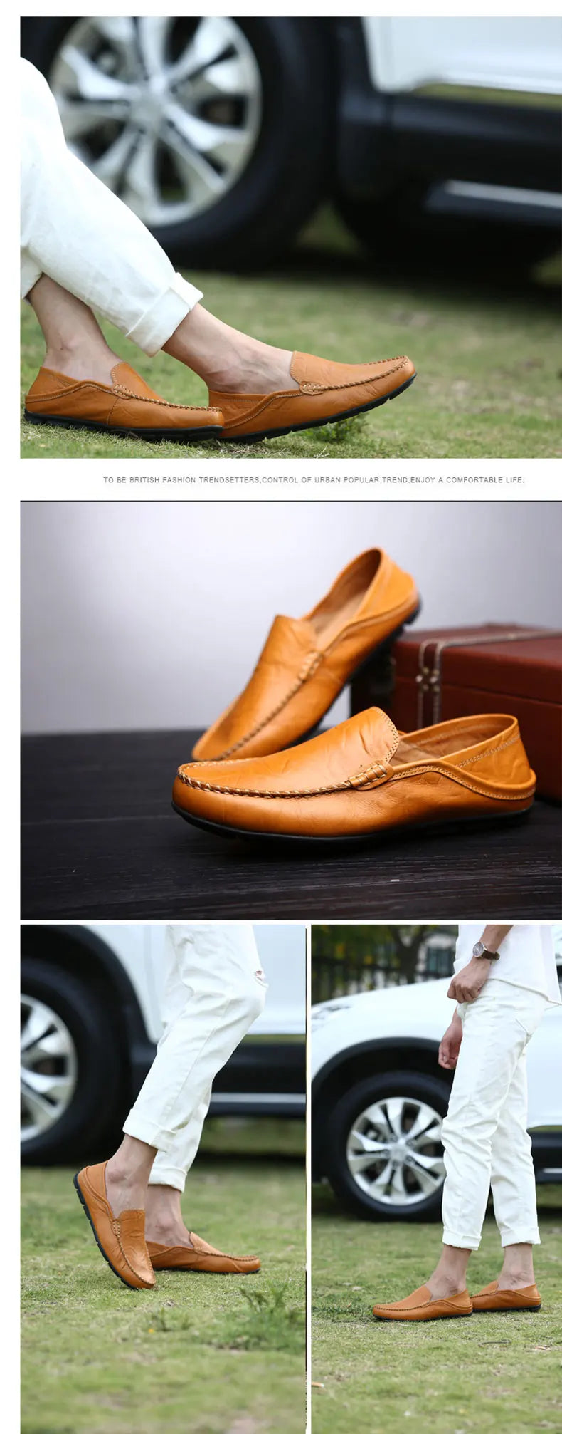 Brown leather shoes worn by a person in various settings with blurred car and grass background.