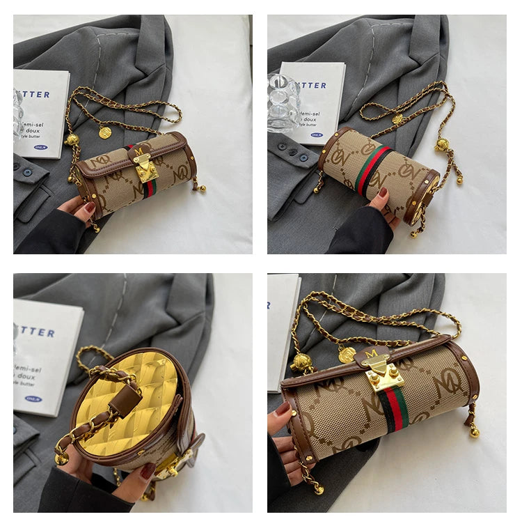 Collage of a handbag with chain strap and decorative elements on a gray surface.