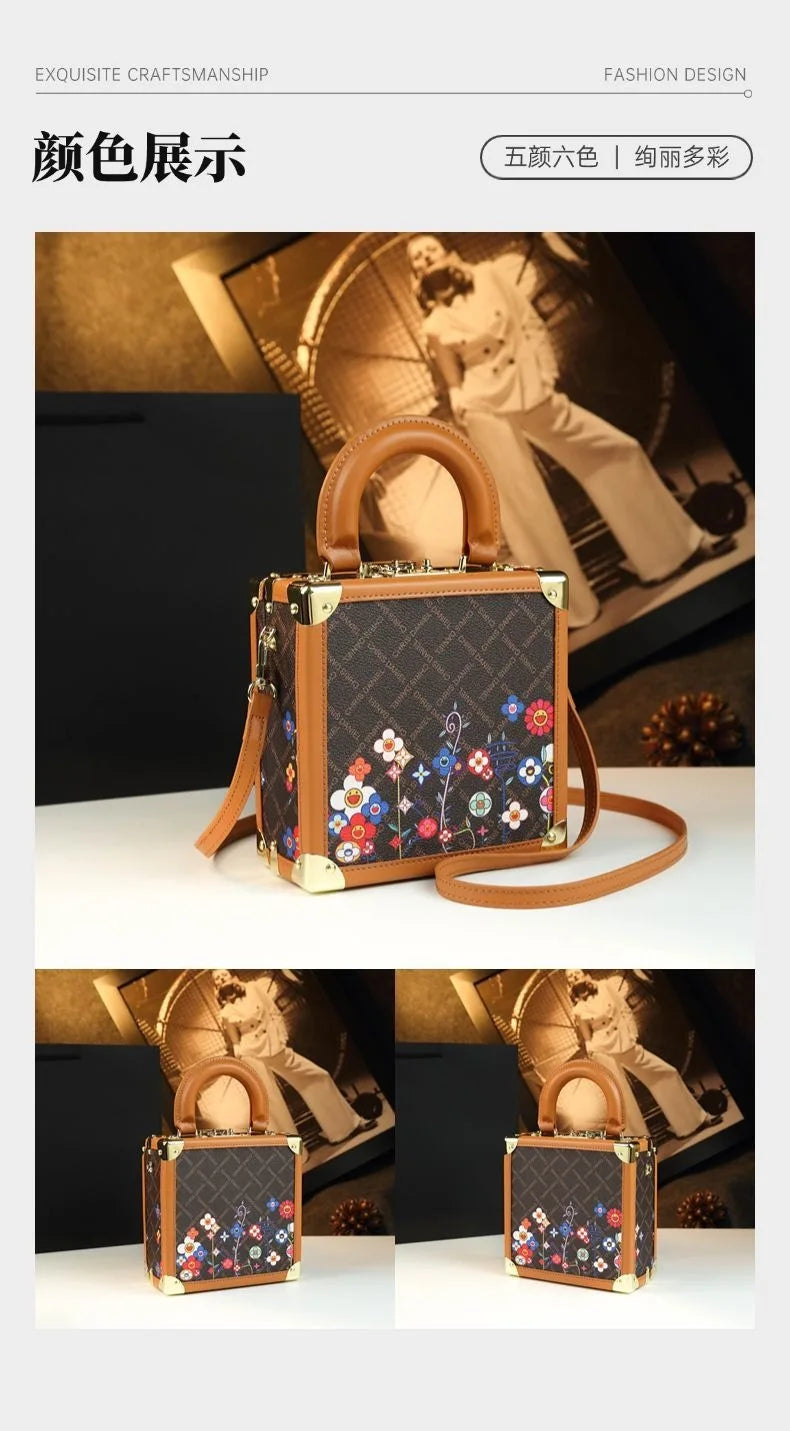 A structured square handbag with a brown leather top handle and shoulder strap, featuring a dark patterned body with colorful floral embroidery and gold-tone hardware. The image includes a large main view and two smaller duplicate views below, all set against a warm sepia-toned background with a vintage-style printed photo.
