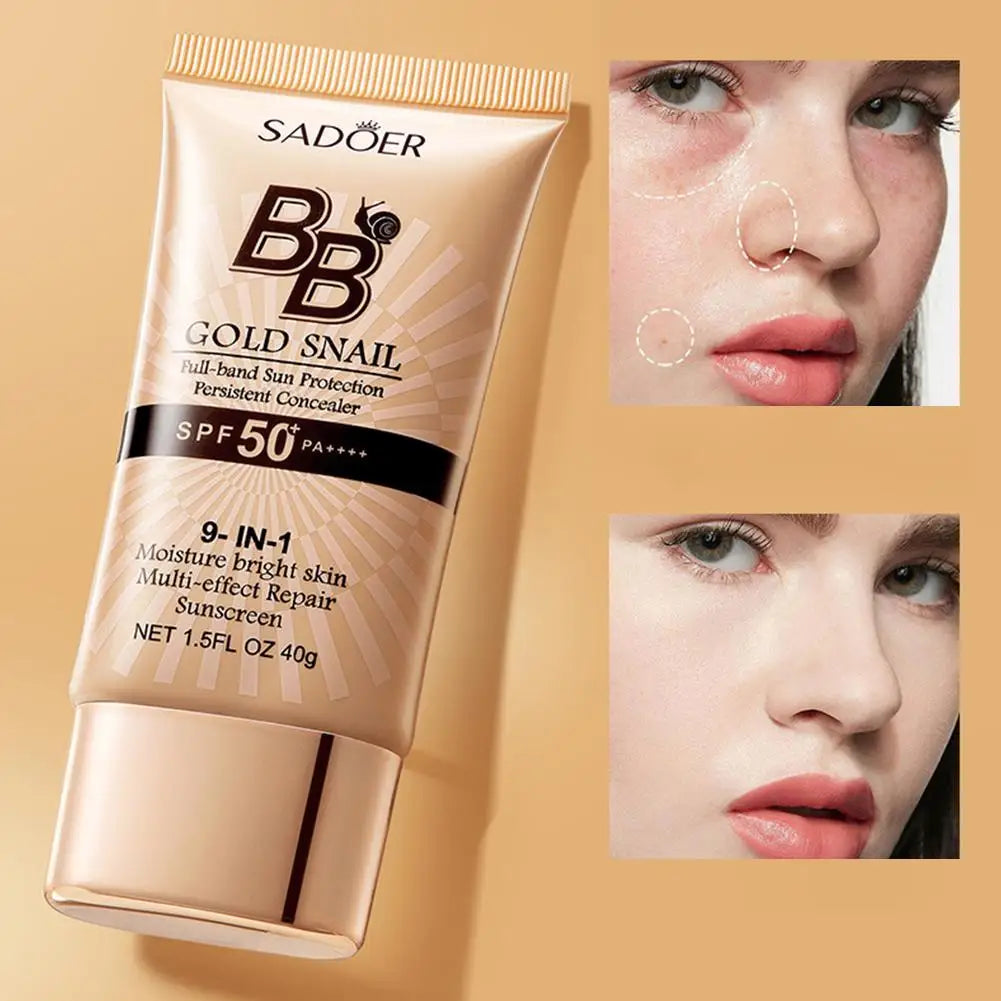 Sadoer BB Gold Snail skincare product with a close-up of a person's face on a beige background