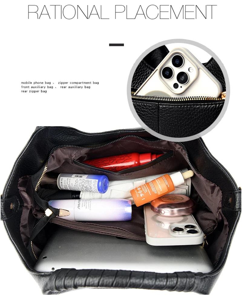 Black bag with compartments containing a phone, bottles, and other items, labeled 'Rational Placement'.