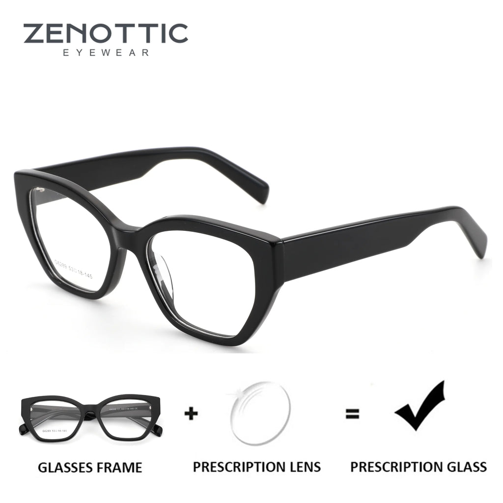 Black eyeglasses with prescription lens on a white background, featuring Zenottic Eyewear branding.