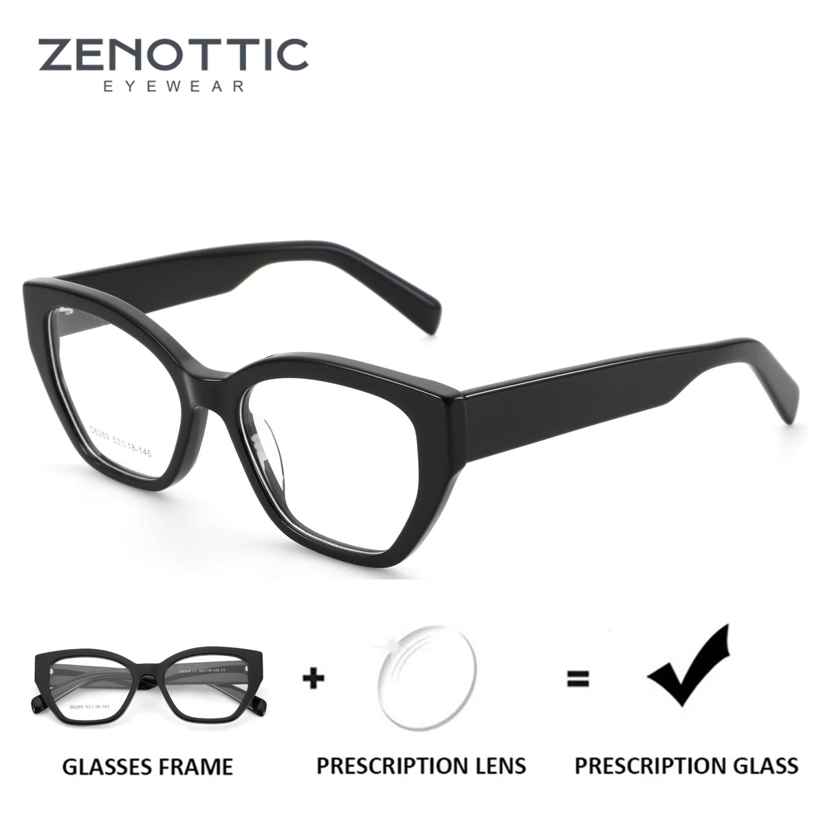 Black eyeglasses with prescription lens on a white background, featuring Zenottic Eyewear branding.