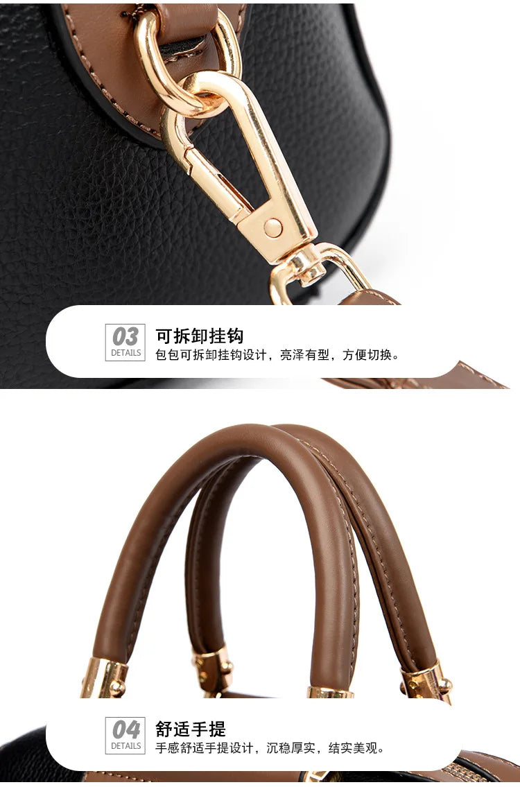 Close-up detail shots of a handbag strap and handle hardware on a white background, with Chinese text callouts highlighting detachable clasp and comfortable handle design.