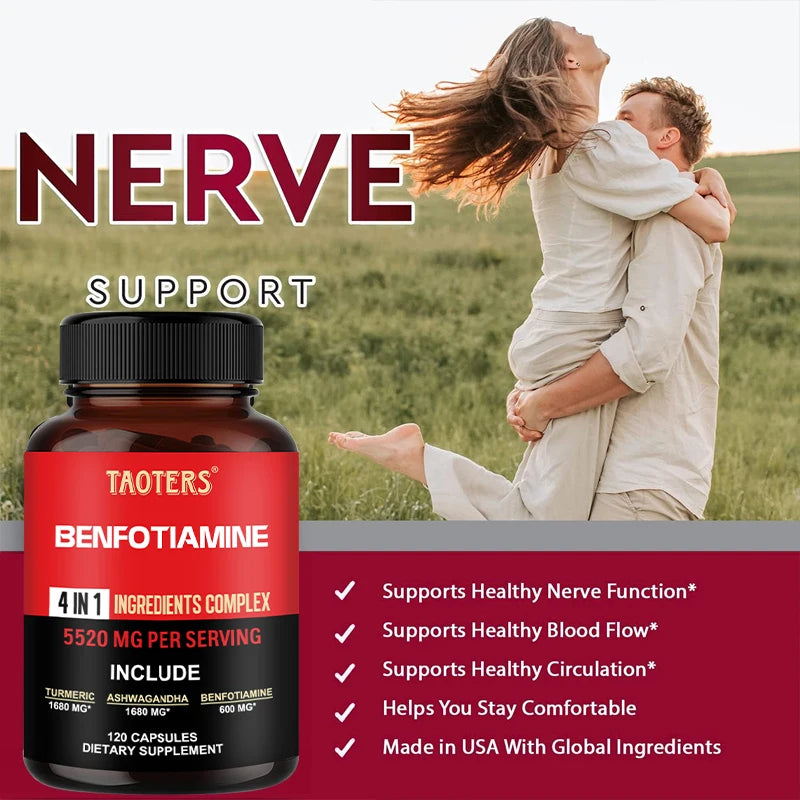 A bottle of Taoters Benfotamine Nerve Support dietary supplement is shown in the foreground, with a lifestyle photo of a couple embracing in a grassy field in the background and marketing text on a dark red banner.