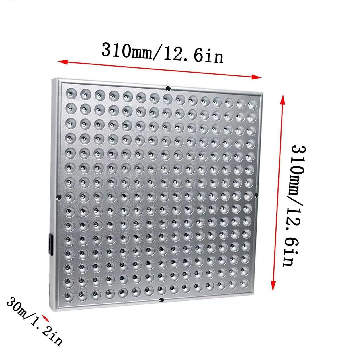 Square LED light panel with dimensions labeled on a white background