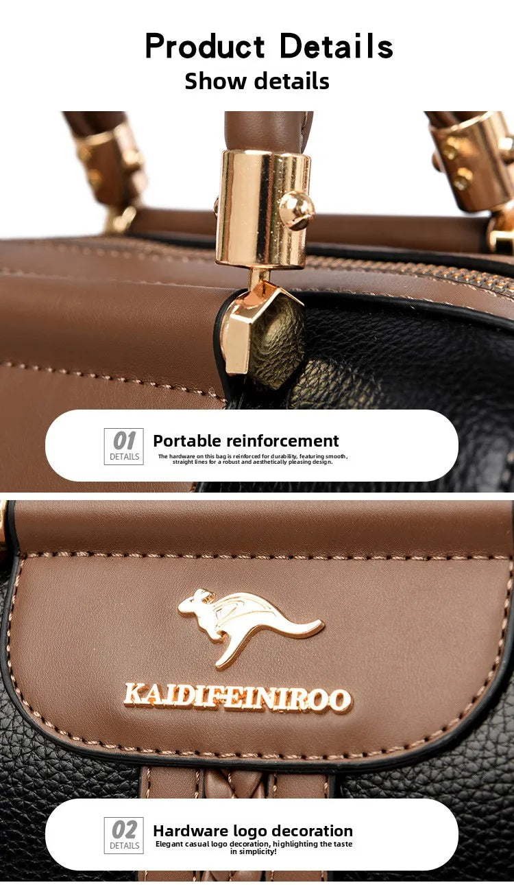 Close-up product detail view of a brown and black handbag with gold hardware, showing a reinforced zipper pull and a kangaroo logo on the front panel. Text labels highlight features such as portable reinforcement and hardware logo decoration.