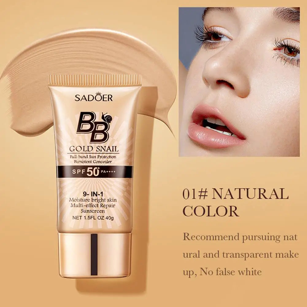 Sadoer BB Cream tube with a close-up of a person's face on a beige background