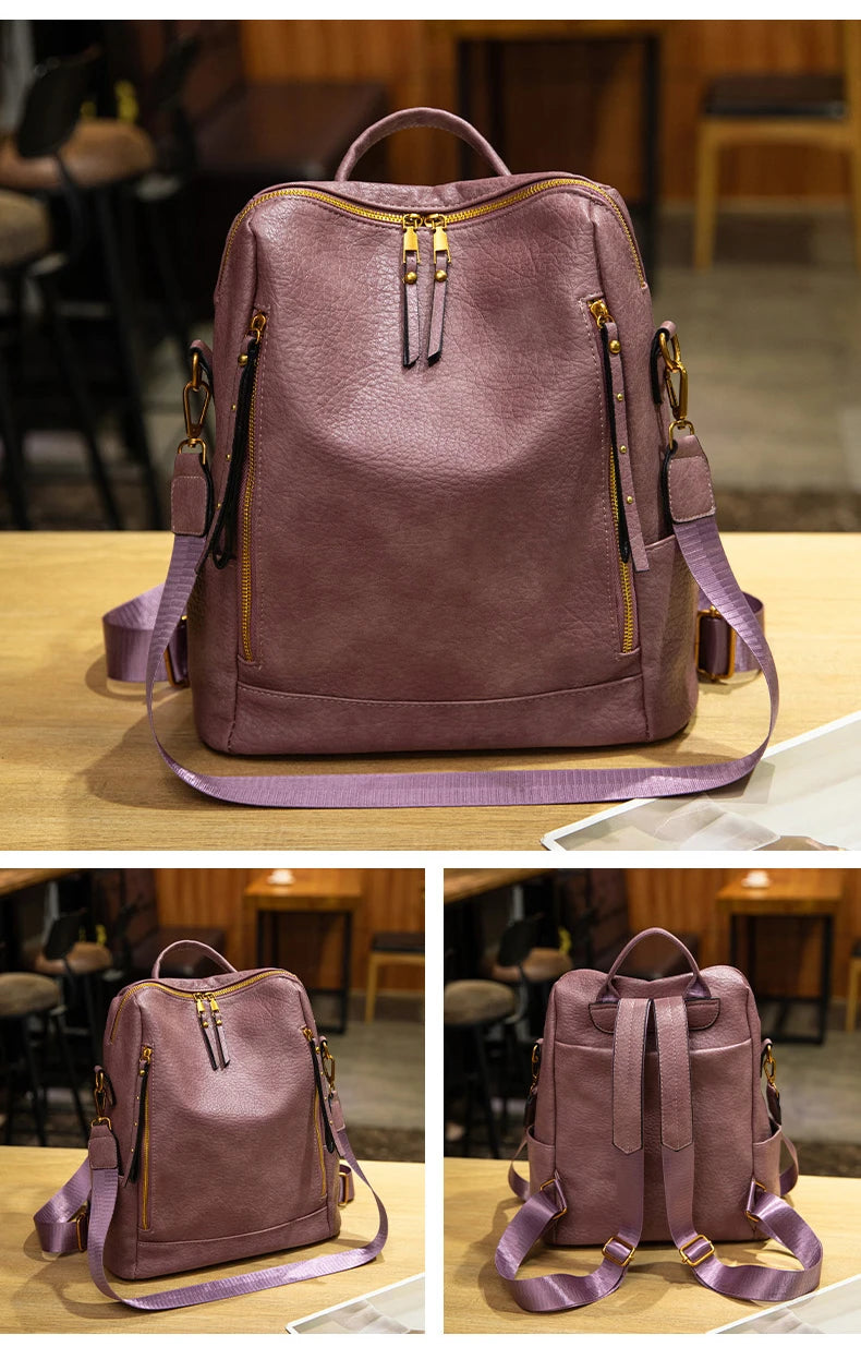 A purple faux-leather backpack shown from multiple angles in a collage, featuring gold-tone zipper pulls and hardware, top and side carry handles, and adjustable shoulder straps, displayed on a wooden table with a softly blurred indoor background.