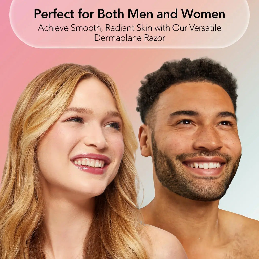 Promotional graphic for a dermaplane razor showing a smiling blonde woman on the left and a smiling bearded man on the right against a soft pink-to-light-gray gradient background, with text at the top reading 'Perfect for Both Men and Women' and 'Achieve Smooth, Radiant Skin with Our Versatile Dermaplane Razor.'.