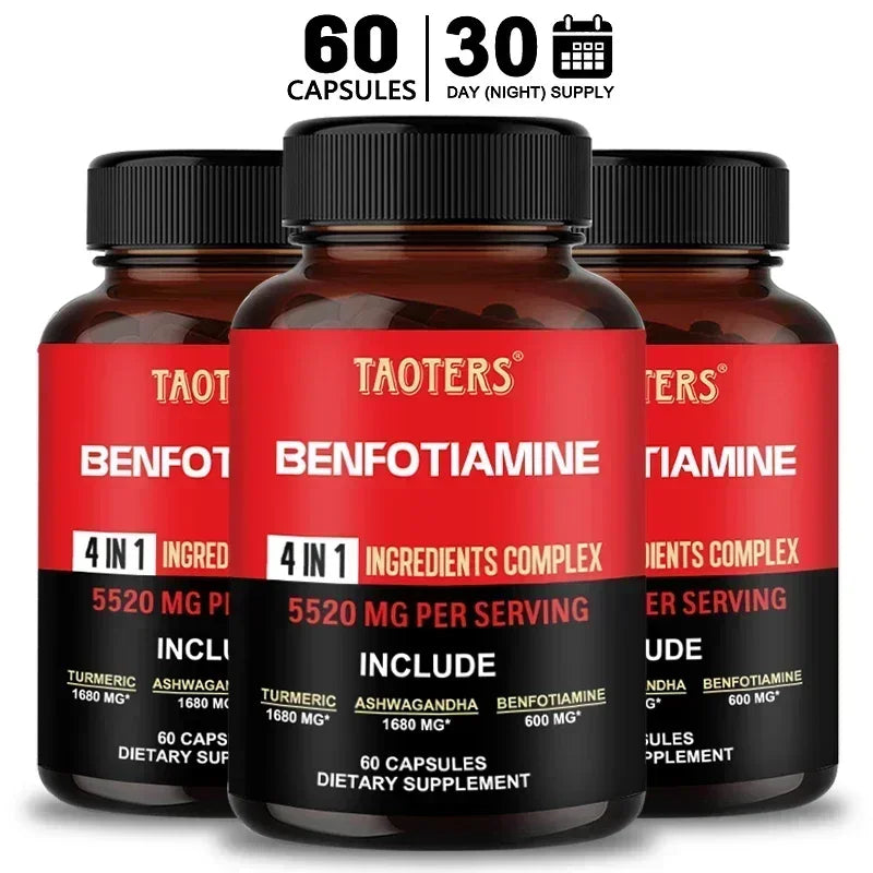 Three amber plastic bottles of Taoters Benfotiamine 4-in-1 dietary supplement with black caps and red-and-black labels, shown on a white background with a '60 capsules | 30 day (night) supply' badge at the top.
