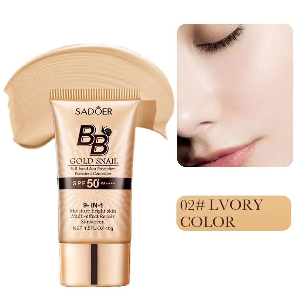 Sadoer BB cream tube with application sample and close-up of a person's face