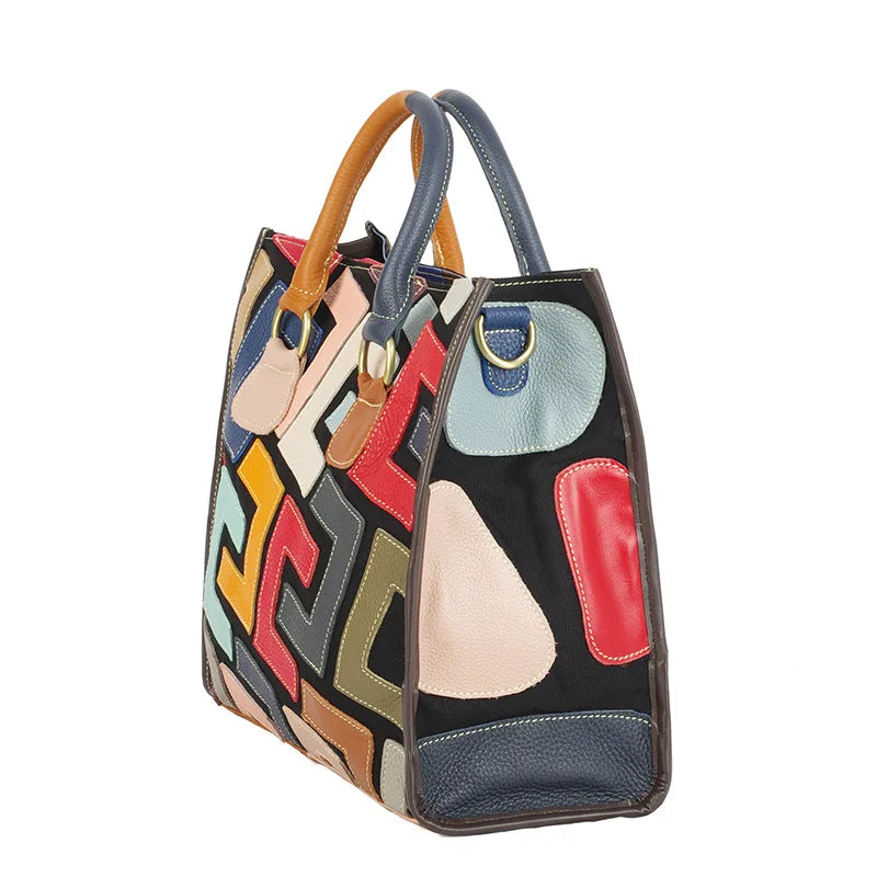 Women's Genuine Leather Color-Contrast Tote Bag