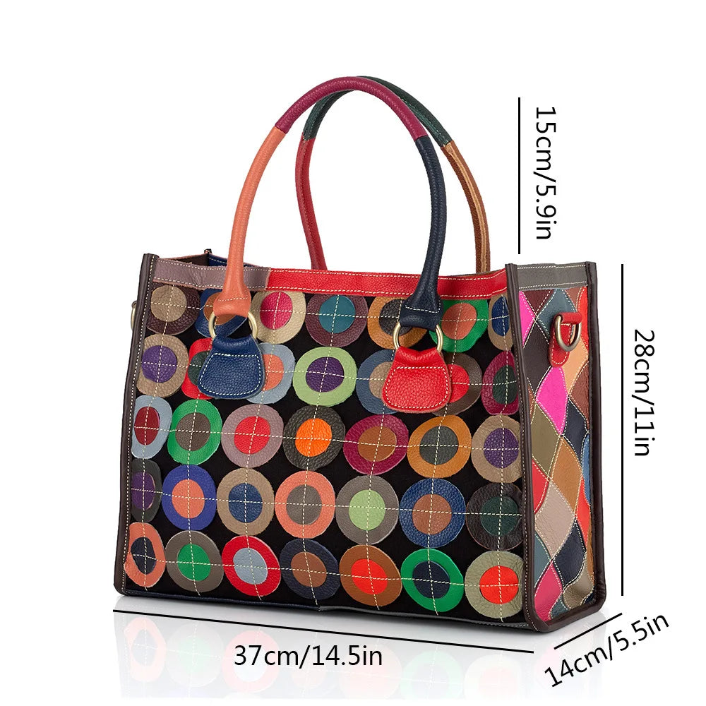 Colorful handbag with circular patterns and measurements on a white background