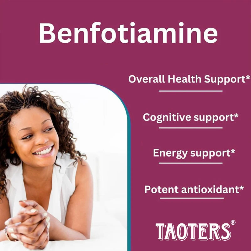 Promotional graphic for Benfotiamine by TAOTERS, featuring a smiling woman on the left and text listing benefits such as overall health support, cognitive support, energy support, and potent antioxidant on a dark magenta background.