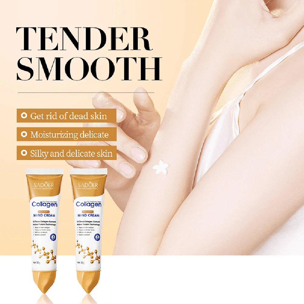 Collagen hand cream with a person applying it on their arm, labeled 'Tender Smooth'.