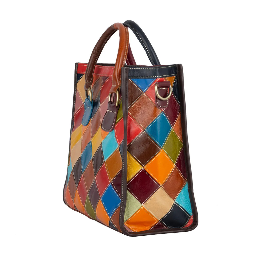 Women's Genuine Leather Color-Contrast Tote Bag