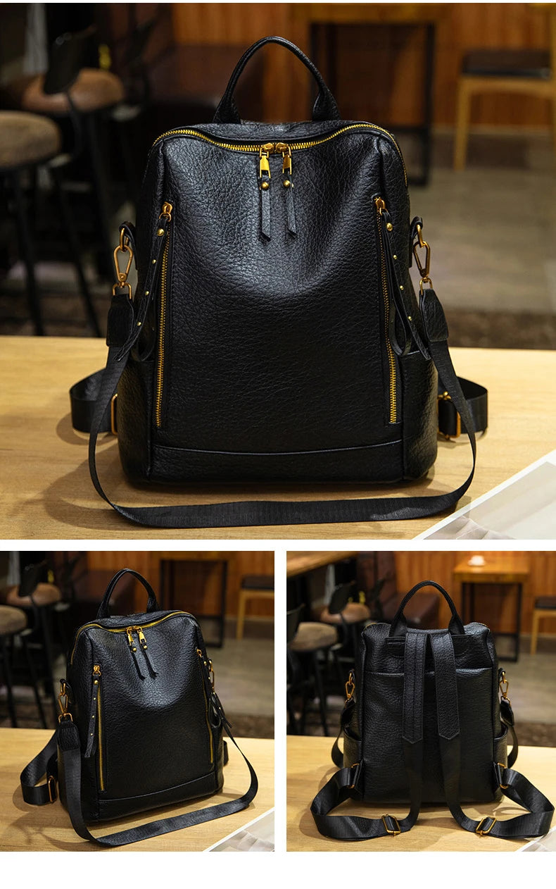 A black pebbled leather backpack with gold-tone zippers and hardware, shown from multiple angles in a collage. The main view shows the front of the bag with top handles and a shoulder strap, while the smaller views show the side and back details.