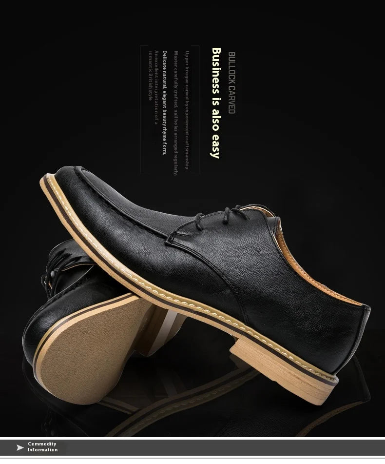A pair of men's black leather dress shoes with tan soles, displayed on a reflective black surface with promotional text on a dark background.