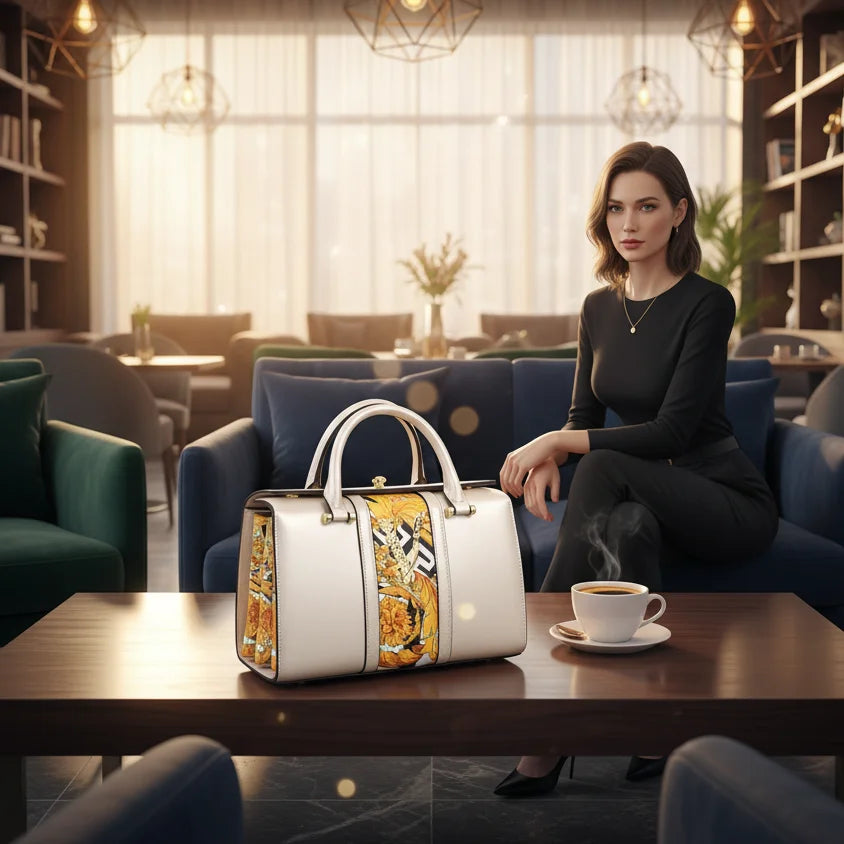 Woman sitting at a table with a stylish handbag and coffee in a modern cafe.