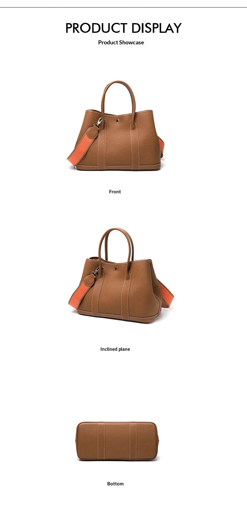 Brown handbag displayed from front, side, and bottom angles on a white background.