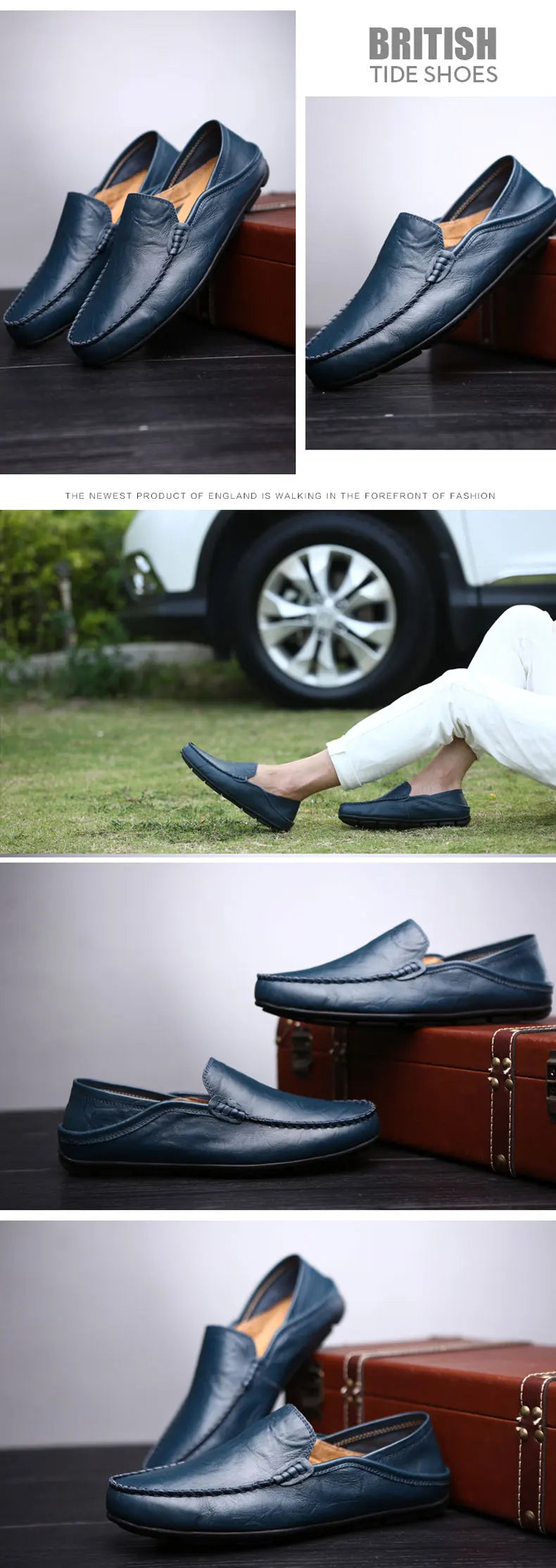 Collage of blue loafers with a car and suitcase in the background, labeled 'British Tide Shoes'.