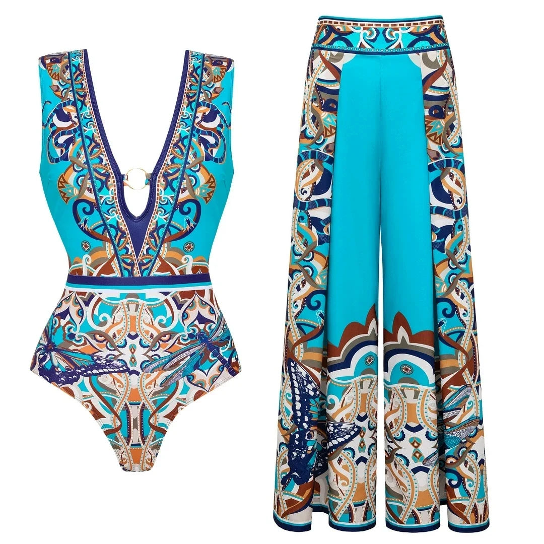 Vibrant Patterned Long Sleeve Bikini Set