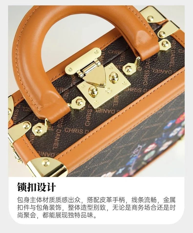 Close-up of a luxury handbag with a brown monogram pattern, tan leather trim, and gold-tone hardware, with Chinese text below describing the lock design.