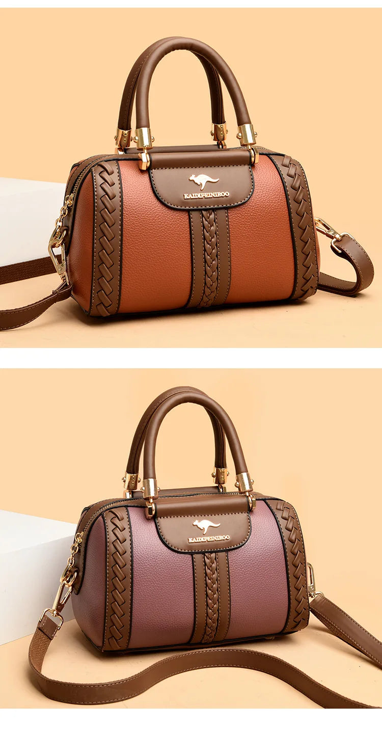 Two views of a structured handbag with a warm brown and dusty mauve color-blocked design, braided leather side panels, gold-tone hardware, and a kangaroo logo on the front, set against a solid beige background.